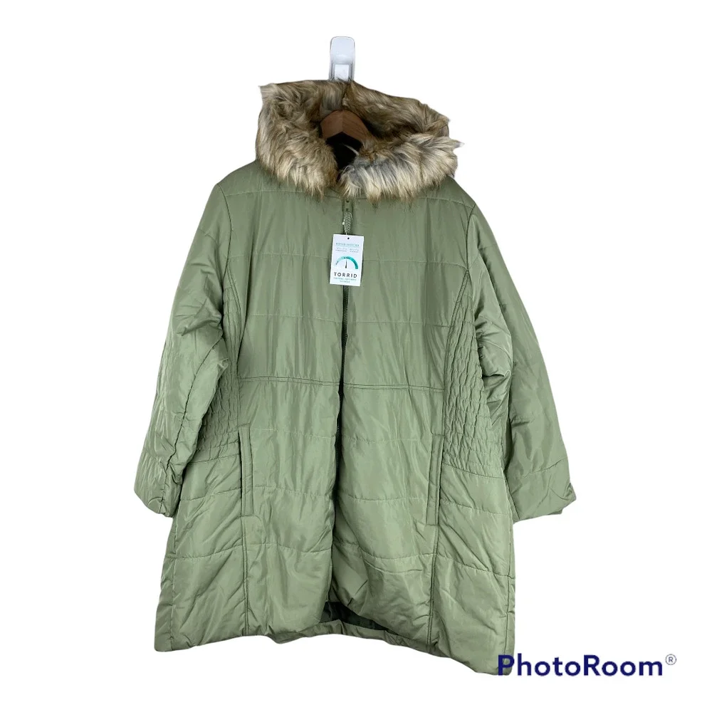 Torrid NWT Fit & Flare Puffer Jacket - Twill Olive Green Size 5X Removable Hood - Picture 5 of 10